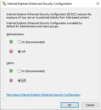 Internet Explorer Enhanced Security disable