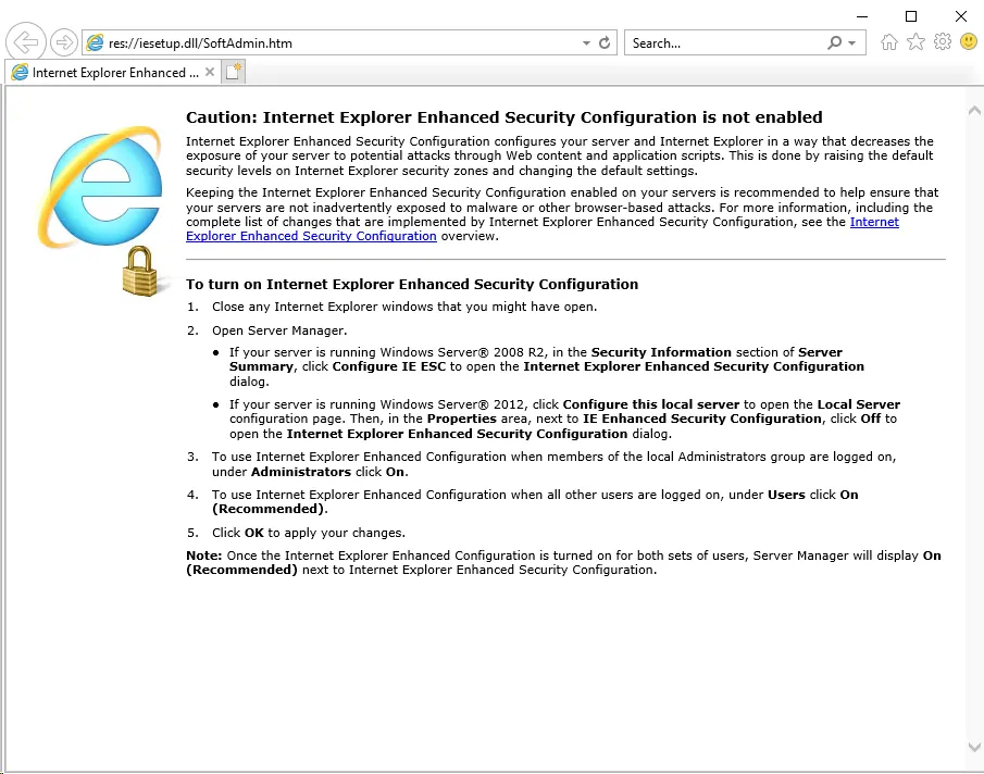 Internet Explorer Enhanced Security disabled