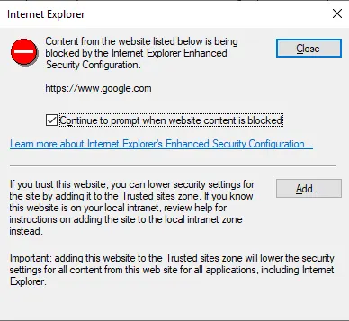 Internet Explorer Enhanced Security access forbidden