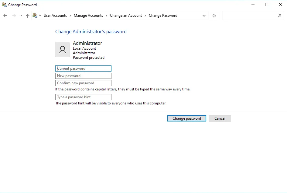 Control panel change user password Windows