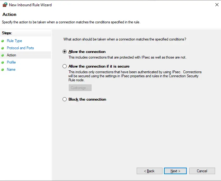 Windows Firewall allow connections for rule