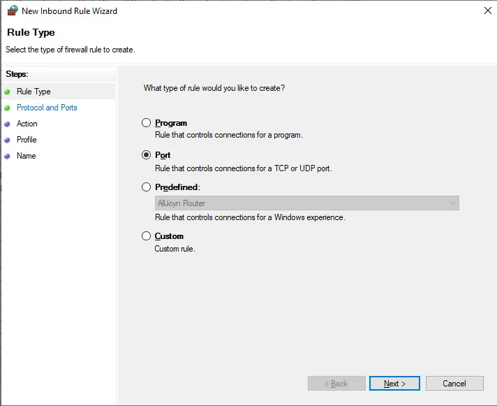 Windows Firewall Rule Type