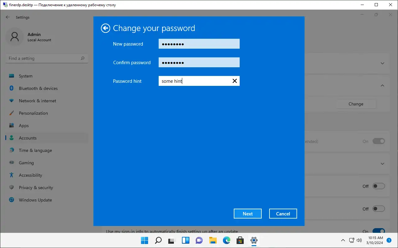 windows 11 change password new password