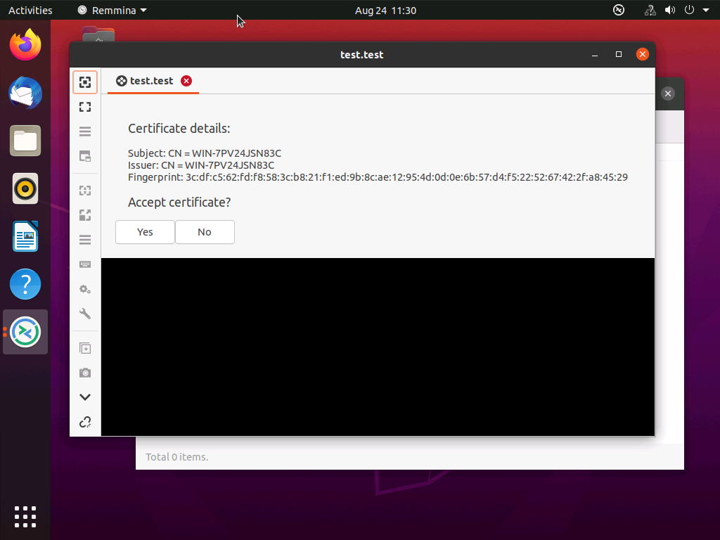 Accept Certificate Remmina Ubuntu 20.04
