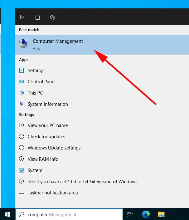 Delete user windows server 2022 2019 - open computer management via search